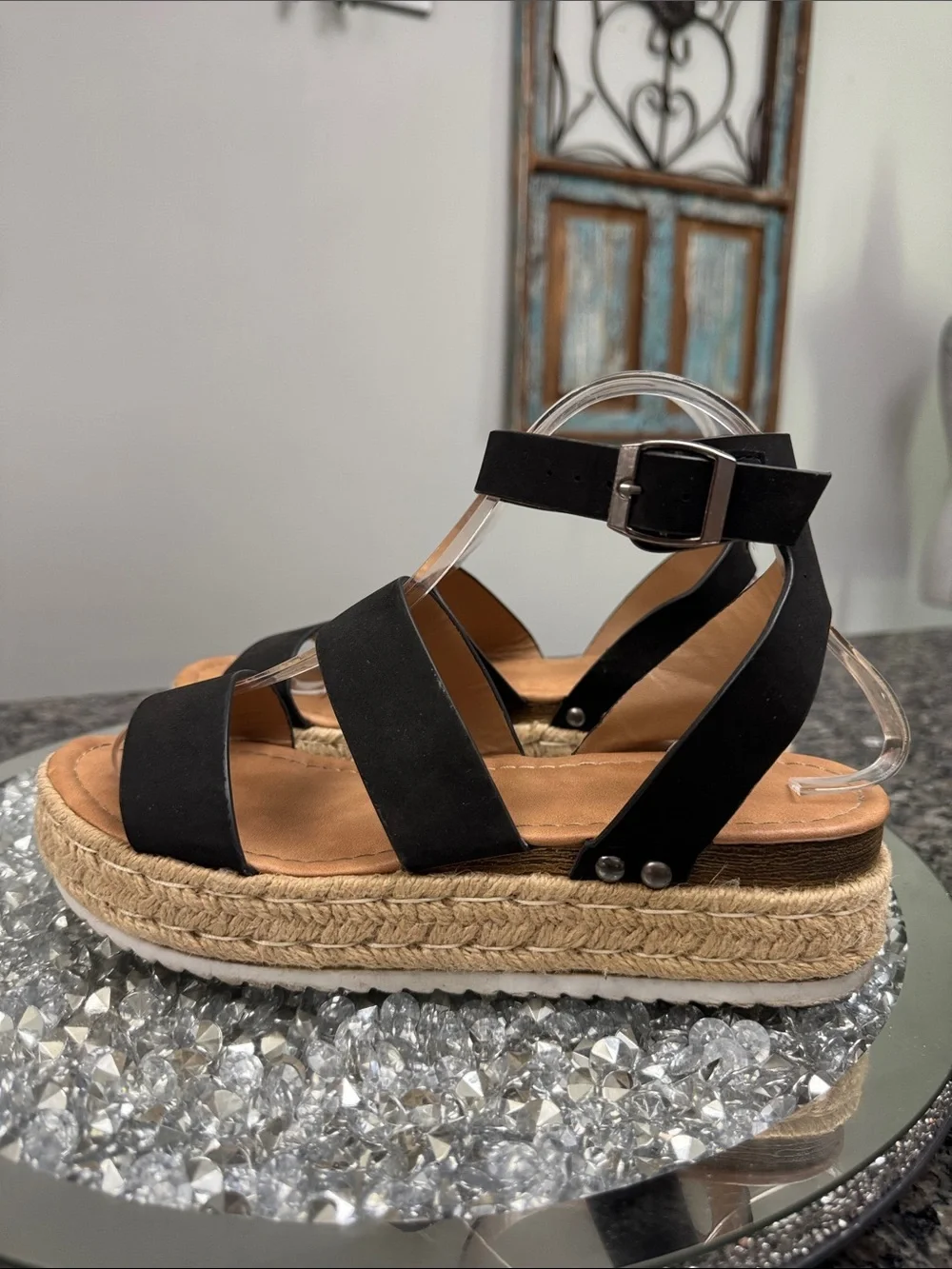 Black Platform Espadrille Sandals with Ankle Strap EUC 8.5